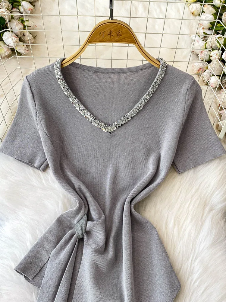 여성 패션 반팔 탑 셔츠 여름 한국 스타일 새로운 섹시한 스팽글 v 넥 불규칙한 슬림 우아한 티셔츠