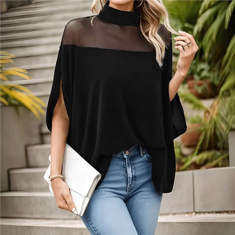 2026 spring and summer women's T-shirt fashion mesh off-the-shoulder bat-sleeved turtleneck top spring and autumn