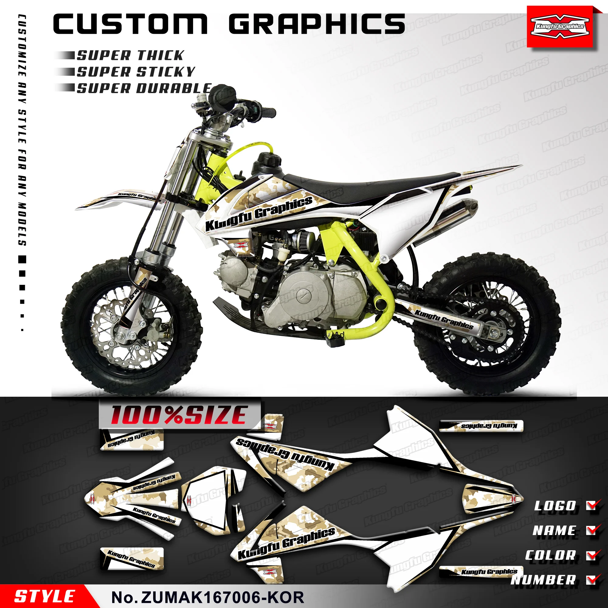

KUNGFU GRAPHICS Kids Mini Dirt Bike Graphics Kit Sticker Sheet for ZUUMAV K1 50 60 70, Rebuild Kit, ZUMAK167006-KOR