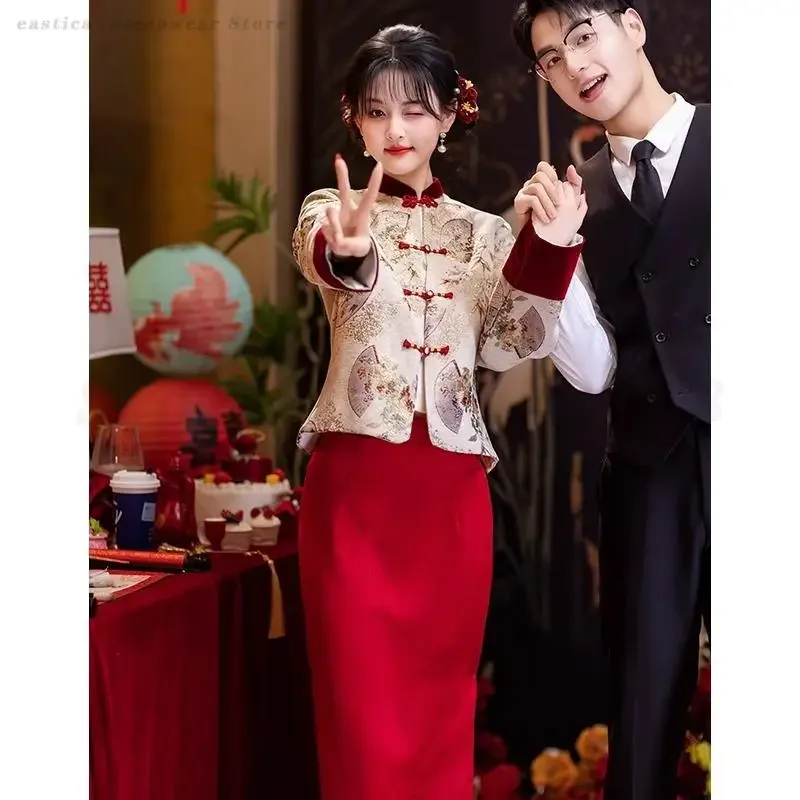 

Новый комплект Cheongsam в китайском стиле, свадебное платье Тан, бордовая элегантная новинка, Ципао, свадебная помолвка, ретро-куртка, утягивающее платье