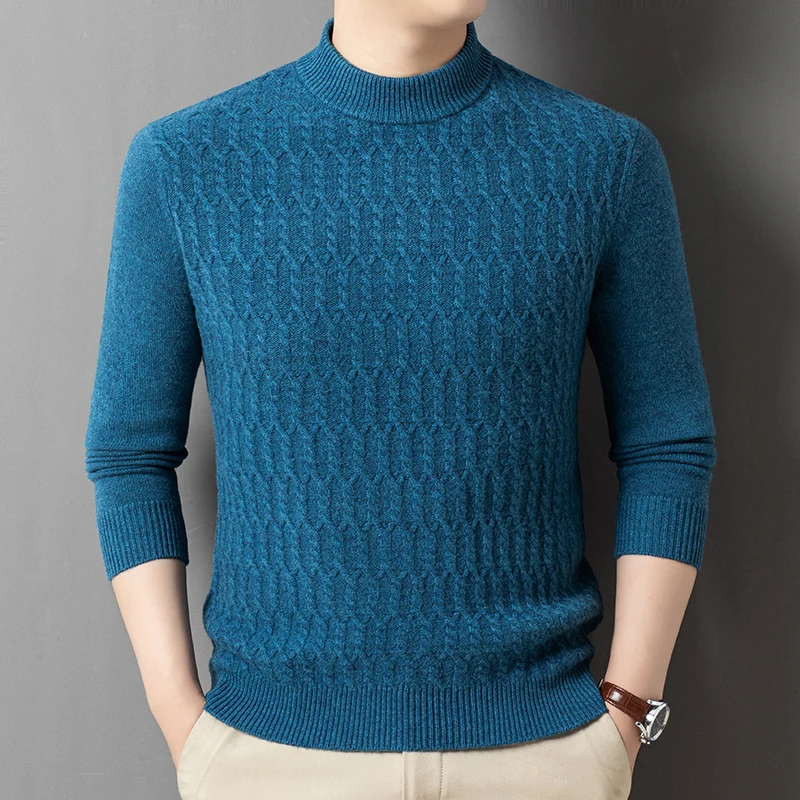 

100% овечья шерсть, плотная мужская одежда, зима 2025 года, модный витой теплый свитер, пуловер, трикотаж, мужские топы из чистой шерсти с длинными рукавами