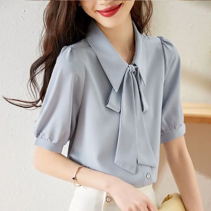 White Chiffon Bow Patchwork Blouse Summer New Short Sleeve Loose Solid Office Shirt Tops Elegant Fashion Casual Women Clothing