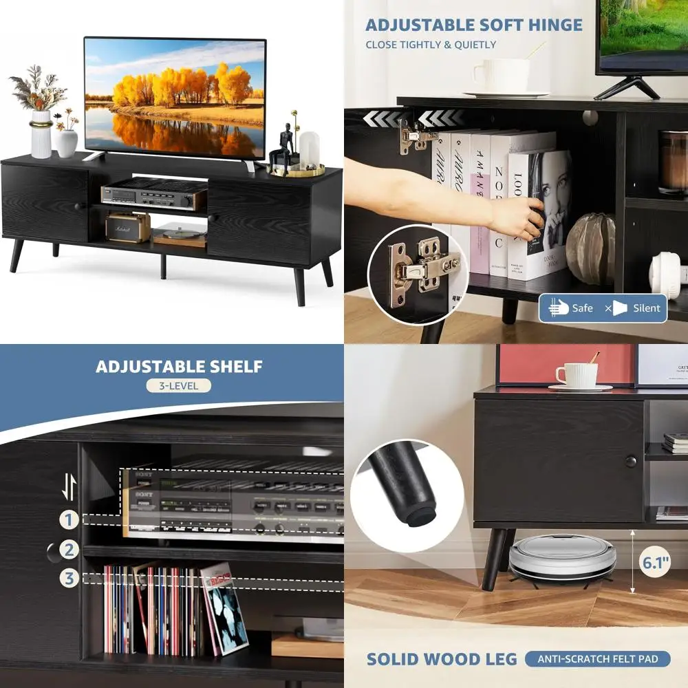 

Тумба под телевизор для телевизоров 55-60 дюймов, медиацентр с отсеками для хранения и открытыми полками, деревянная медиаконсоль для гостиной, спальни