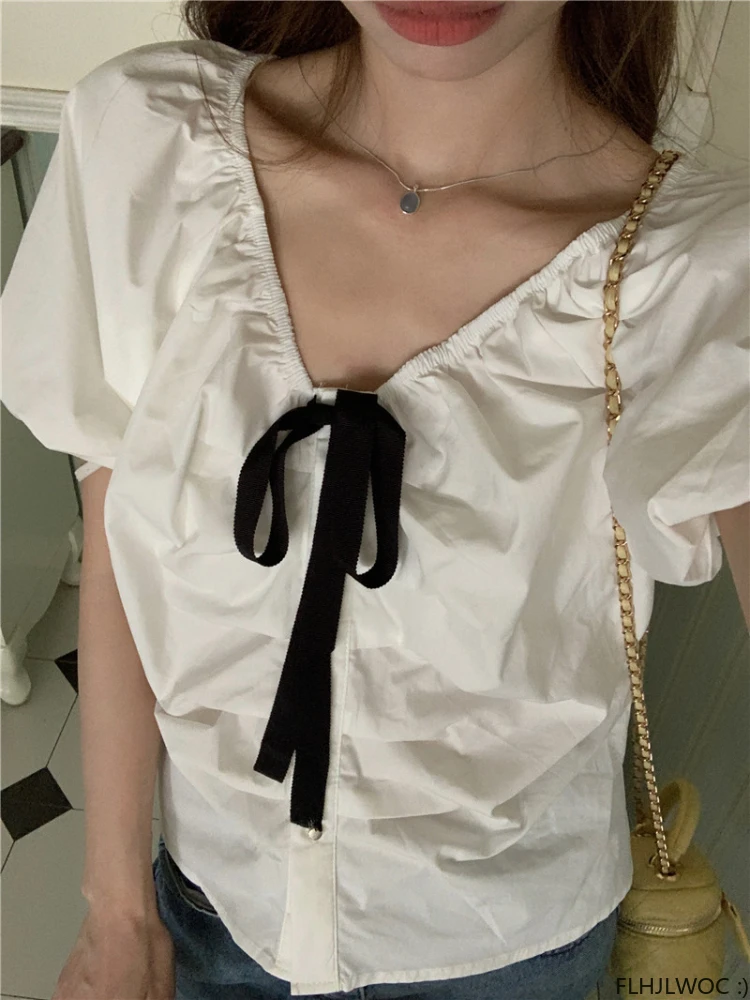 

Woman Cute Sweet Girls Japan Korea Preppy Style Retro Vintage Bow Tie Top Blusas Puff Sleeve Button Shirts FLHJLWOC