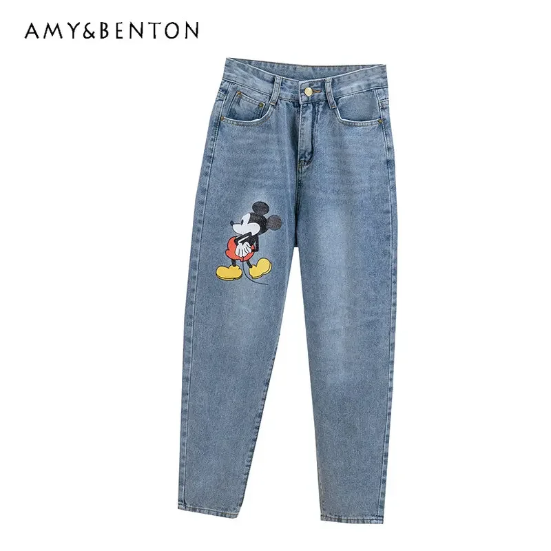 Potdemiel Cartoon Jeans Women's Early Autumn Fashionable Printed Cropped Trousers High Waist Loose Slimming Straight Harem Pants