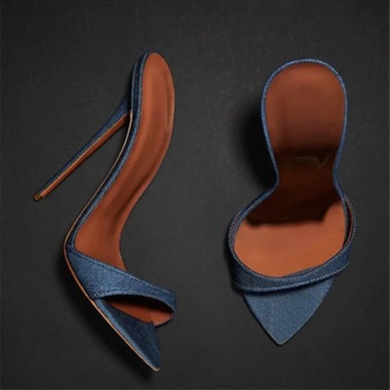 Sexy Jeans High Heel Mules For Women Open Toe Stiletto Heel Slides Shoes Cutouts Party Dress Shoes Big Size45 Drop Shipping