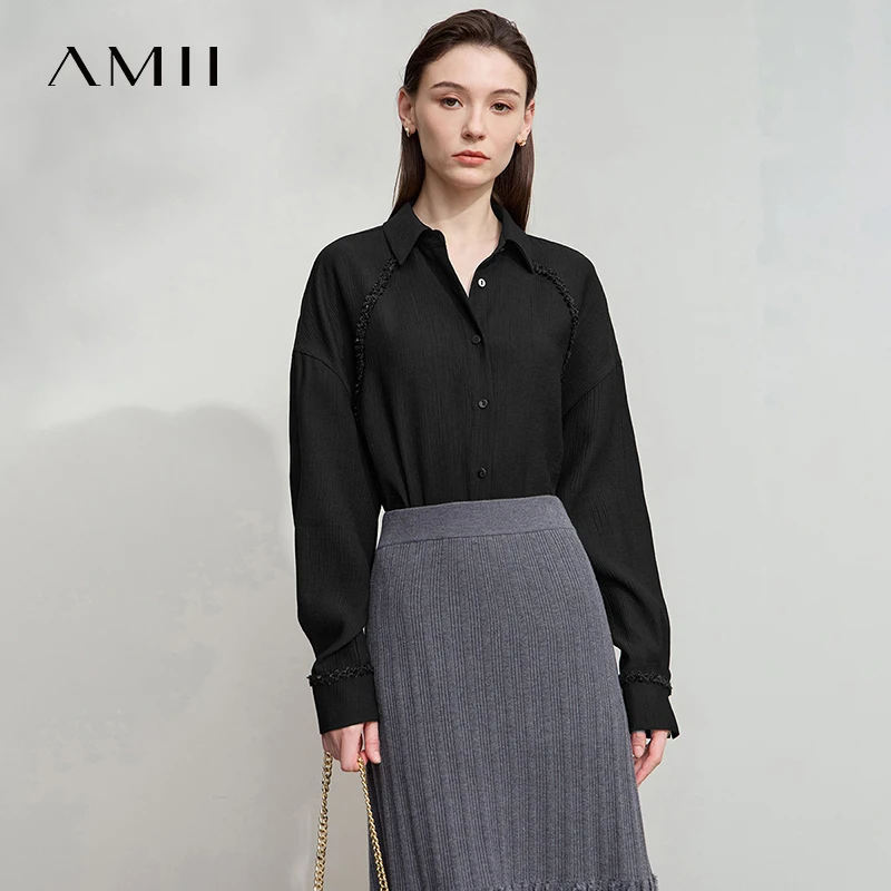 

AMII Minimalism Shirt 2025 Autumn New Arrival Loose Office Lady Shirt Drop Shoulder Wool Long Sleeves Casual Blouses 12523099