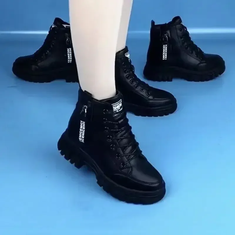 Women's Boots Black Lace Up Platform Ankle Boots Fashion Thick Sole Short s Female Warm Cotton Shoes Winter Snow  2024