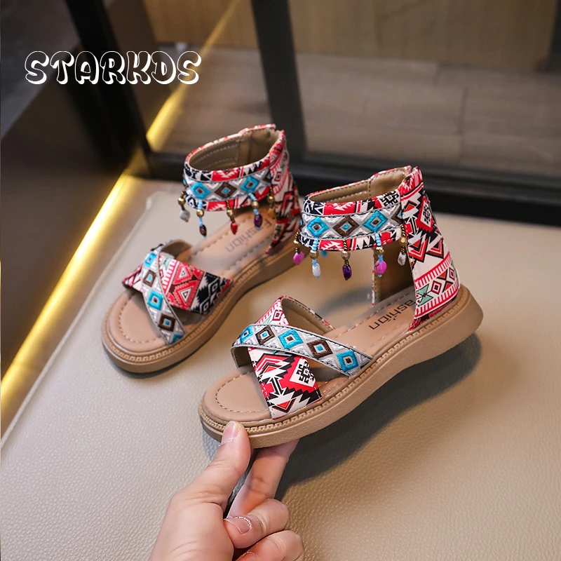 Ethnic  Jacquard Cross Strap Sandals Girls Colorful Beads Fringe High Top Sandalias Kids Summer Thick Sole Flat Beach Shoes