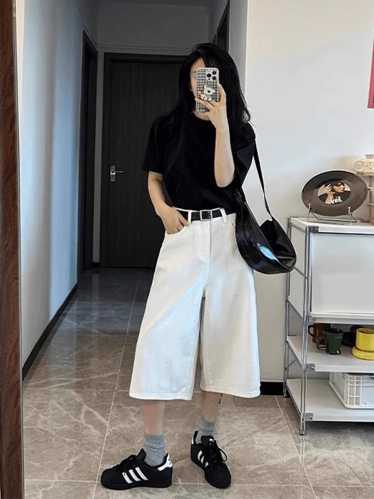 

Новые повседневные женские джинсы с высокой талией, простые базовые модные уличные женские джинсы, тонкие белые шикарные широкие брюки, женские