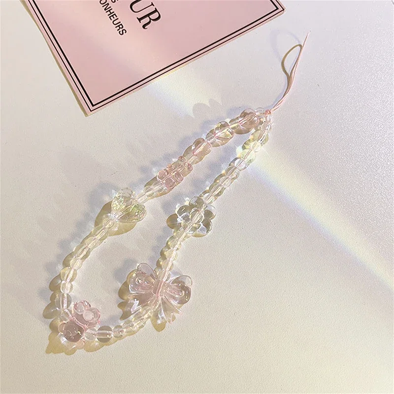 Korean Pink Bear Butterfly Flower Phone Lanyard Charm Pendant for Phone Case Keychain Women Girls