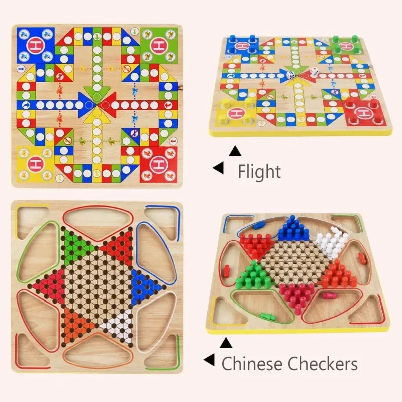 2 in 1 Double-Faced Mini Chess Game Checkerboard Wooden Flying Chess Chinese Checkers Flying Ludo Board Set Kid Family Toy