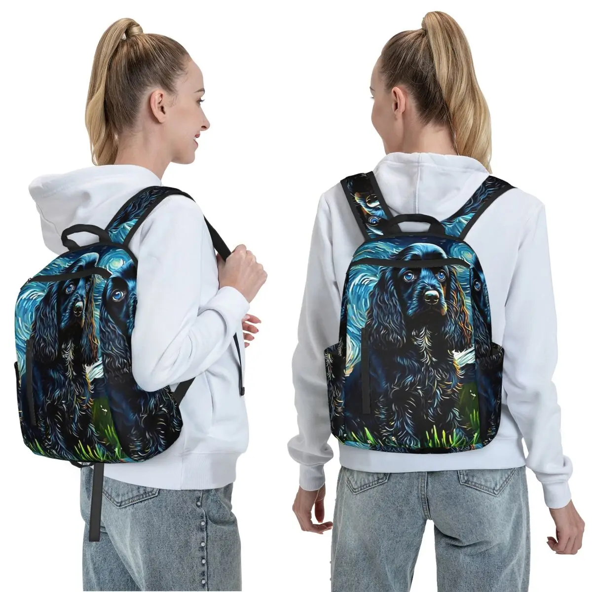 A Cocker Spaniel Puppy Starry Night Backpack Daypack Large Capacity Children BookBag School Bag Shoulder Bags for Men Women