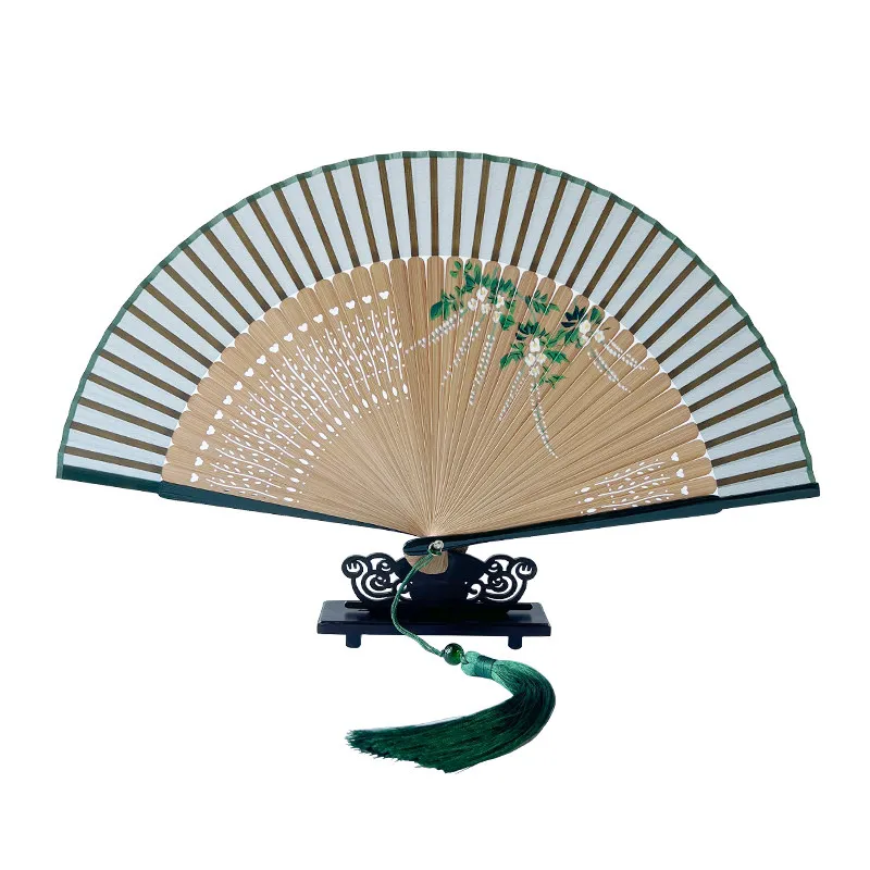 Hand Painted Green Silk Folding Fan Smooth Summer Cooling Daily Fan for Women Cheongsam Dance Performance Lightweight Gift