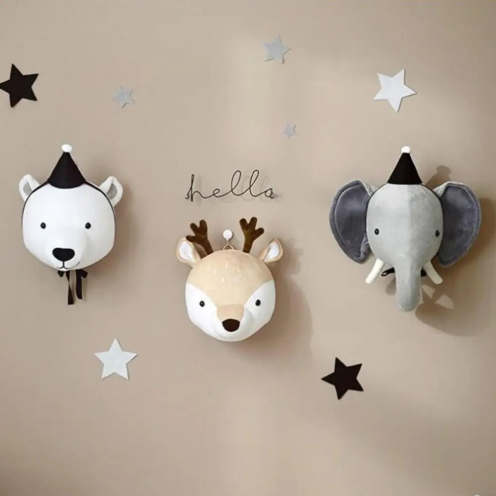 Decoración de guardería con temática de animales, cabeza de felpa suave, decoración de montaje en pared para habitación de guardería, elefante, conejo, oso, ciervo, cabezas de felpa 3d para pared