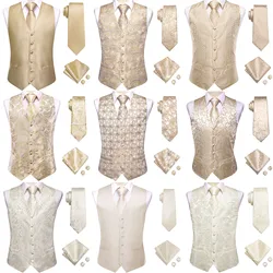 Champagne Silk Mens Vest Tie Set Fashion Paisley Jacquard Western Waistcoat Necktie Hanky Cufflinks Wedding Business Gift Hi-Tie