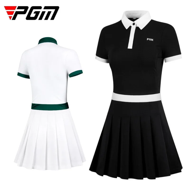 PGM Women Short-Sleeve Golf Polo Shirt Dress Slim Pleated Lady Golf Dress High Waist Anti-empty Skirt Dresses Elastic Sport Wear