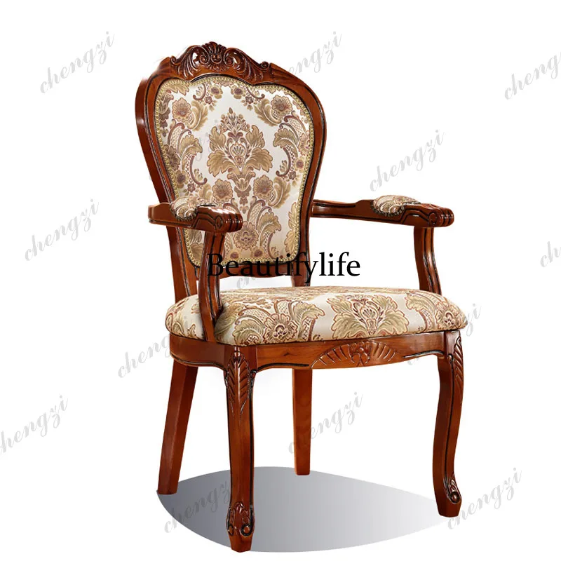 K182   American Country Dining Chair Solid Wood Carved Fabric Chair Dining Room Dining Chair Dark European