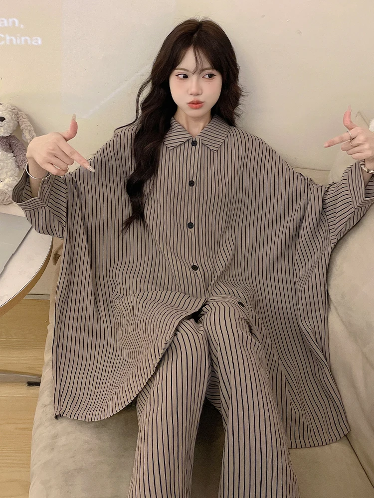 DAIMELU spring and autumn pajamas set women nightgown long-sleeved striped cloud cotton high-end sleepwear lady loungewear suit