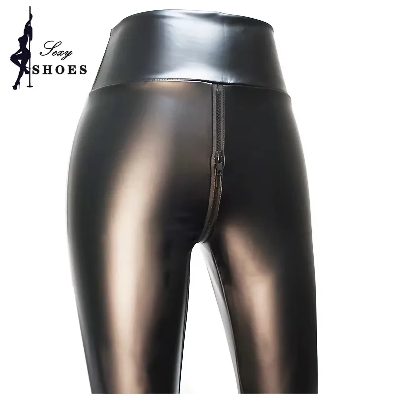 Pantalon à entrejambe ouvert pour femmes, Sexy, noir mat, cuir, Double fermeture éclair, moulant, exotique, Slim, Leggings de boîte de nuit personnalisés