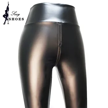 Calças de virilha aberta para mulheres sexy preto fosco couro duplo zíper bodycon calças senhoras exóticas magro boate leggings personalizado