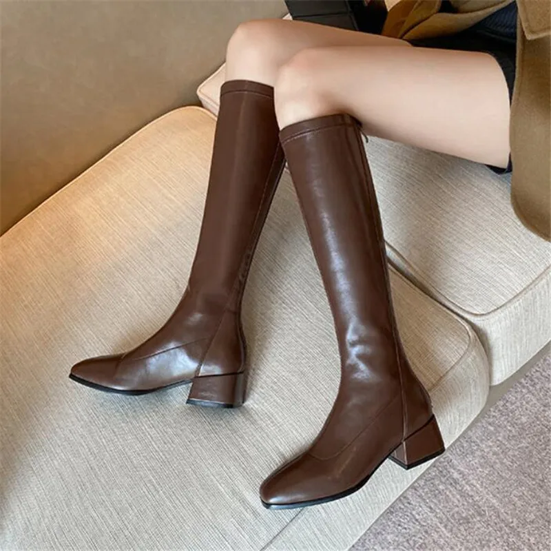 Wedding Round Toe Sexy Women's High Boots 2023 Sewing Patchwork Fashion PU Square Heels Spring Soft Leather Sweet NEW