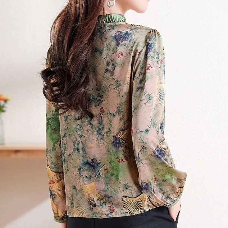 Lotus Collar Print for Spring and Autumn 2024 New Fashionable Women\'s Patchwork Buttons for Casual Long Sleeved Chiffon Shirt