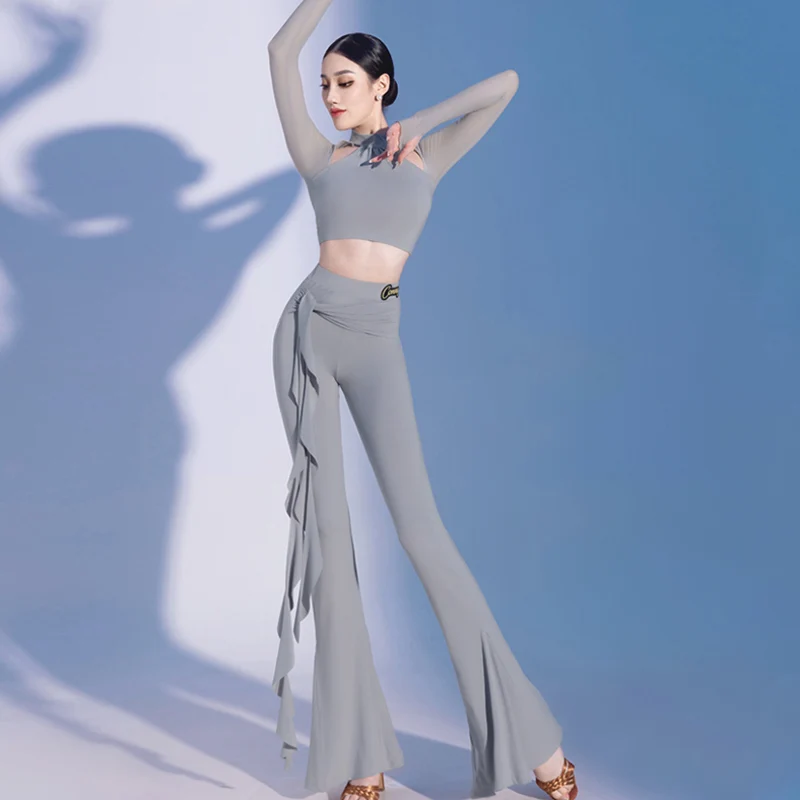 Grey Latin Dance Suit Women Latin Long Sleeve Tops Flared Pants Cha Cha Rumba Performance Clothing Training Dance Wear AMY1123