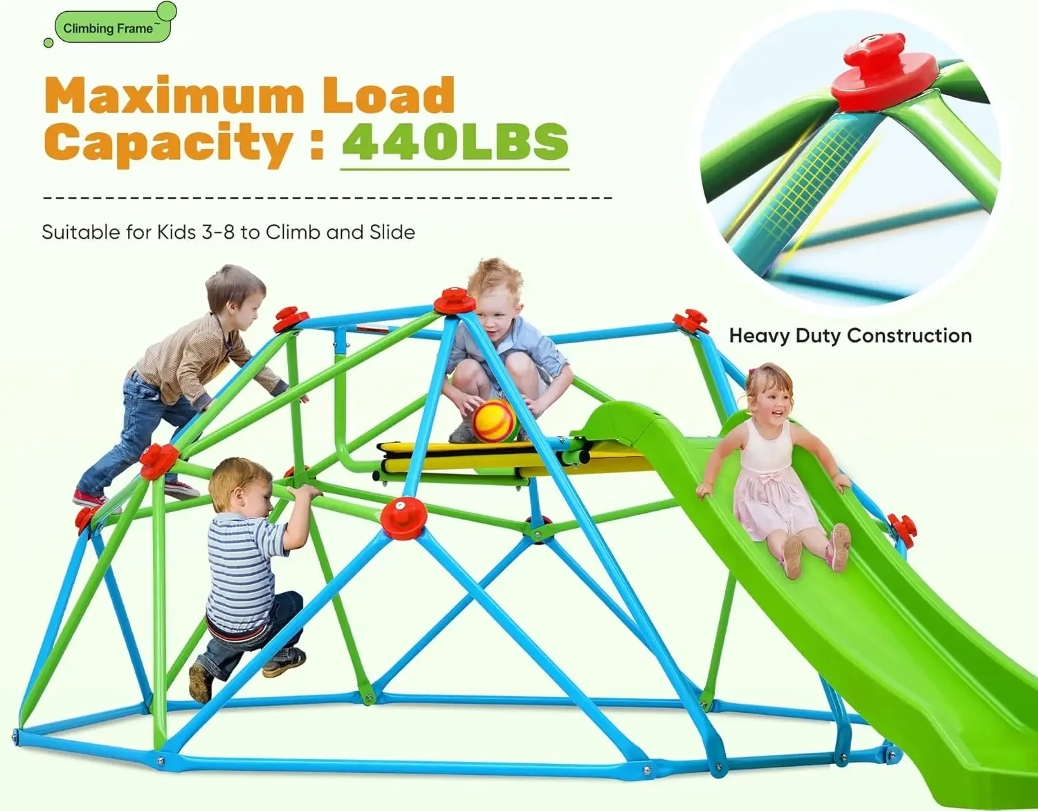 Climbing Dome with Slide, 8FT Jungle Gym Monkey Bar for Backyard Max load 440Lbs, Outdoor Climbing frame Toys for Toddlers Playg