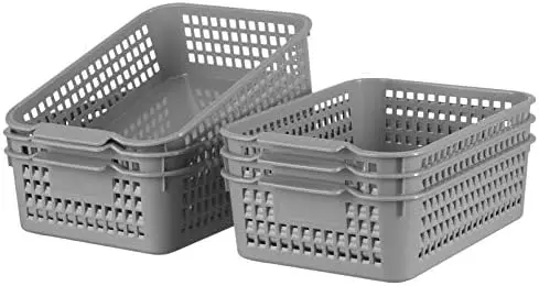 

Plastic Basket - 6 Pack Plastic Basket Tray, Gray woven Baskets Organizer with Handles Prefect for Kitchen Bathroom or Office