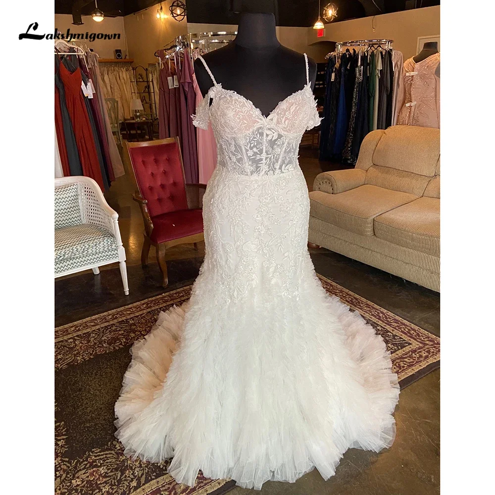 

Sexy Sweetheart Spaghetti Straps Lace Pleat Mermaid Wedding Dress For Women Boho Bridal Gowns Back Button Sweep Robe De MariéeCu