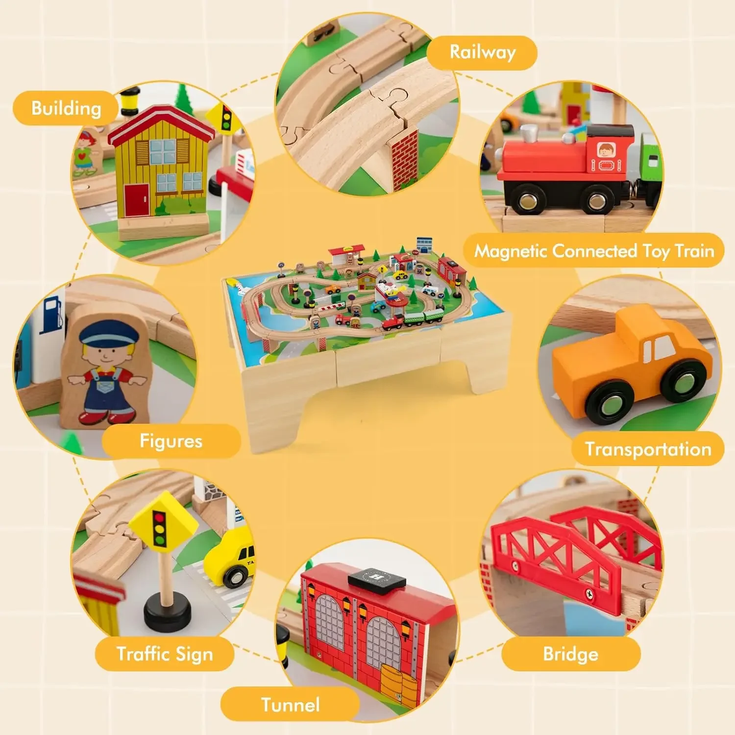 Train Table, Wooden Kids Activity Table with Storage, 84 Multicolor Pieces, Cars, Gift for Boys Girls Ages 3+ (Natural)