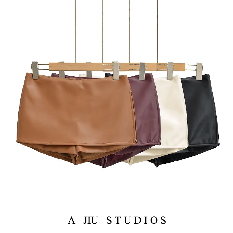 

Sli Low Waist Sexy ort Skirt Women's Autumn Winter PU Leather Pants Side Zipper Two-Way Wear Retro Miu Series