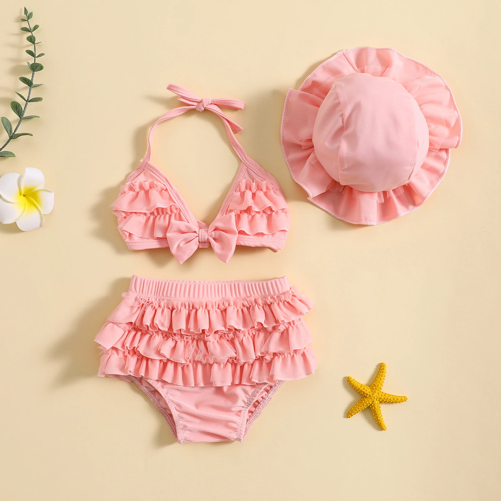 EWODOS Toddler Baby Girls Summer Swimwear Bikini Set Lovely Babies Halter Neck Tops + Layered Ruffle Shorts + Hat Swimsuit Sets