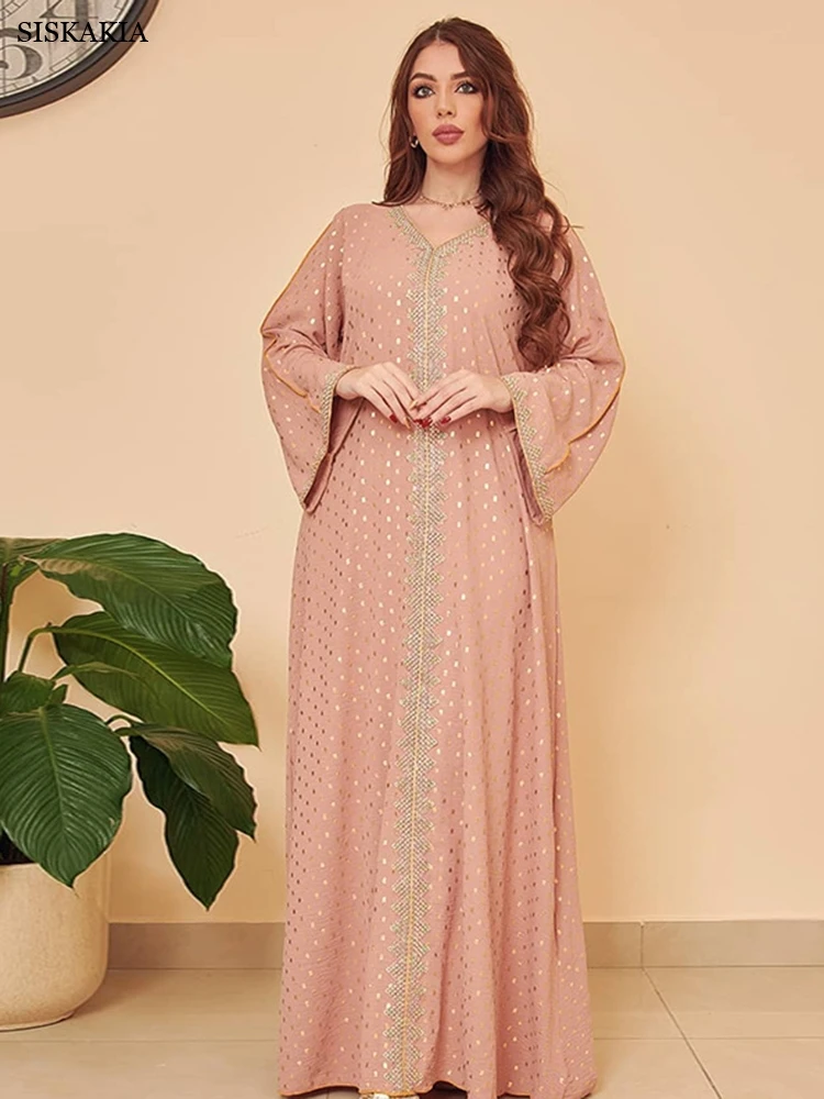 Modest Muslim Maxi Dress For Women Autumn 2022 Lace Tape Trim V Neck Long Sleeve Loose Arab Oman Dubai Gold Stamping Robe Pink