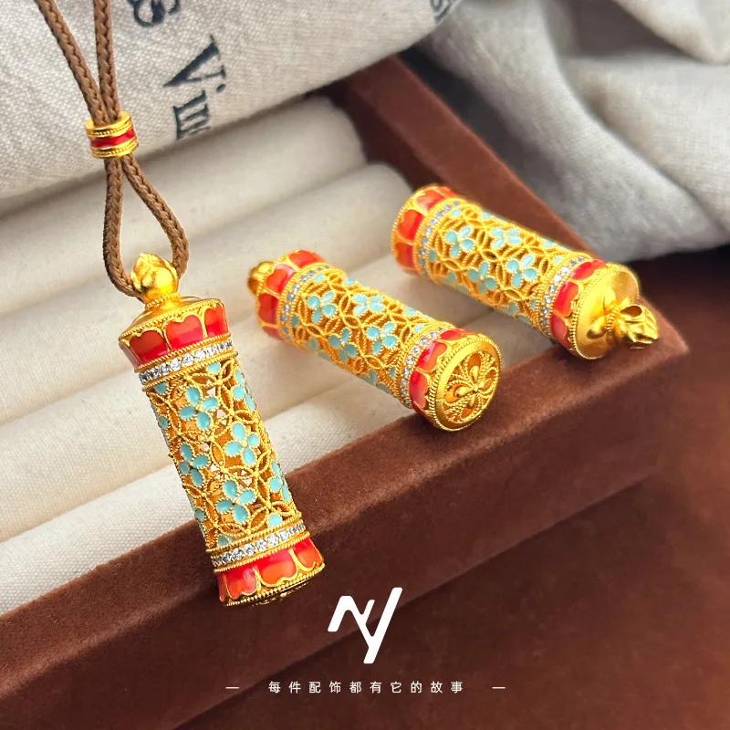 Gold store 9999 24K real gold enamel color diamond cylinder pendant diy braided rope necklace style pendant for women