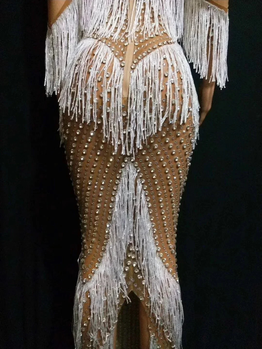 Fora do ombro brilhante strass borla sexy split vestido longo para mulheres noite banquete artista drag queen trajes