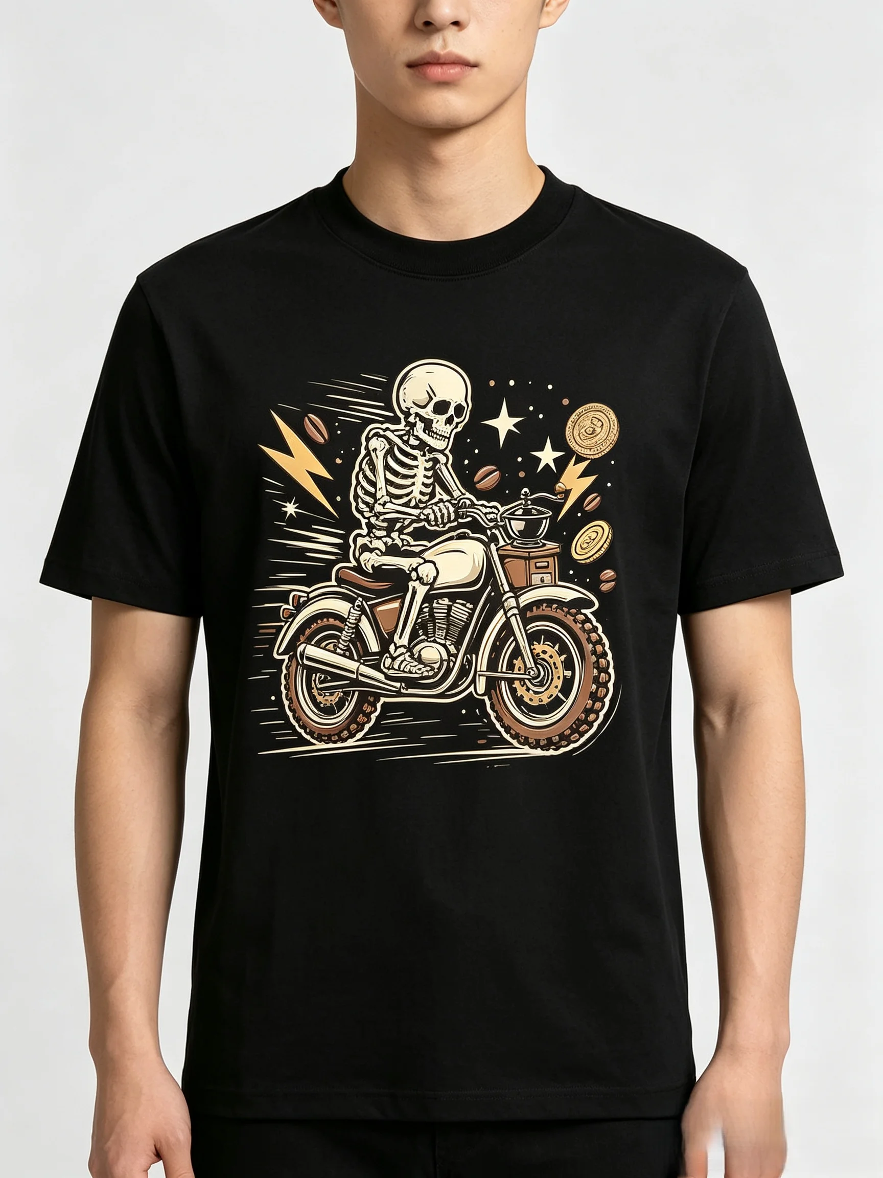 Unisex Vintage Skeleton Motorcycle Coffee T-Shirt Gothic Biker Coffee Bean Graphic Tee Retro Dark Punk Oversized Black Short Sleeve Streetwear For Men Women