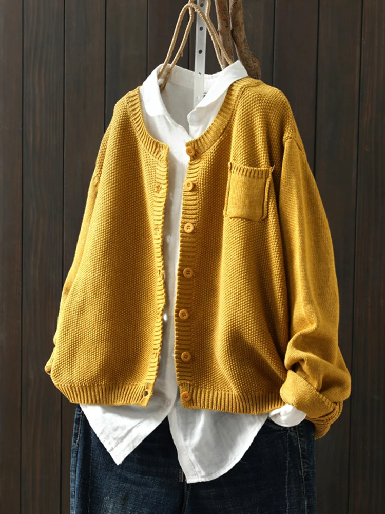 Women Knitwear Tops 2024 New Autumn Winter Vintage Literary Solid Cardigan Sweaters Casual Loose Buttons Knitted Jackets