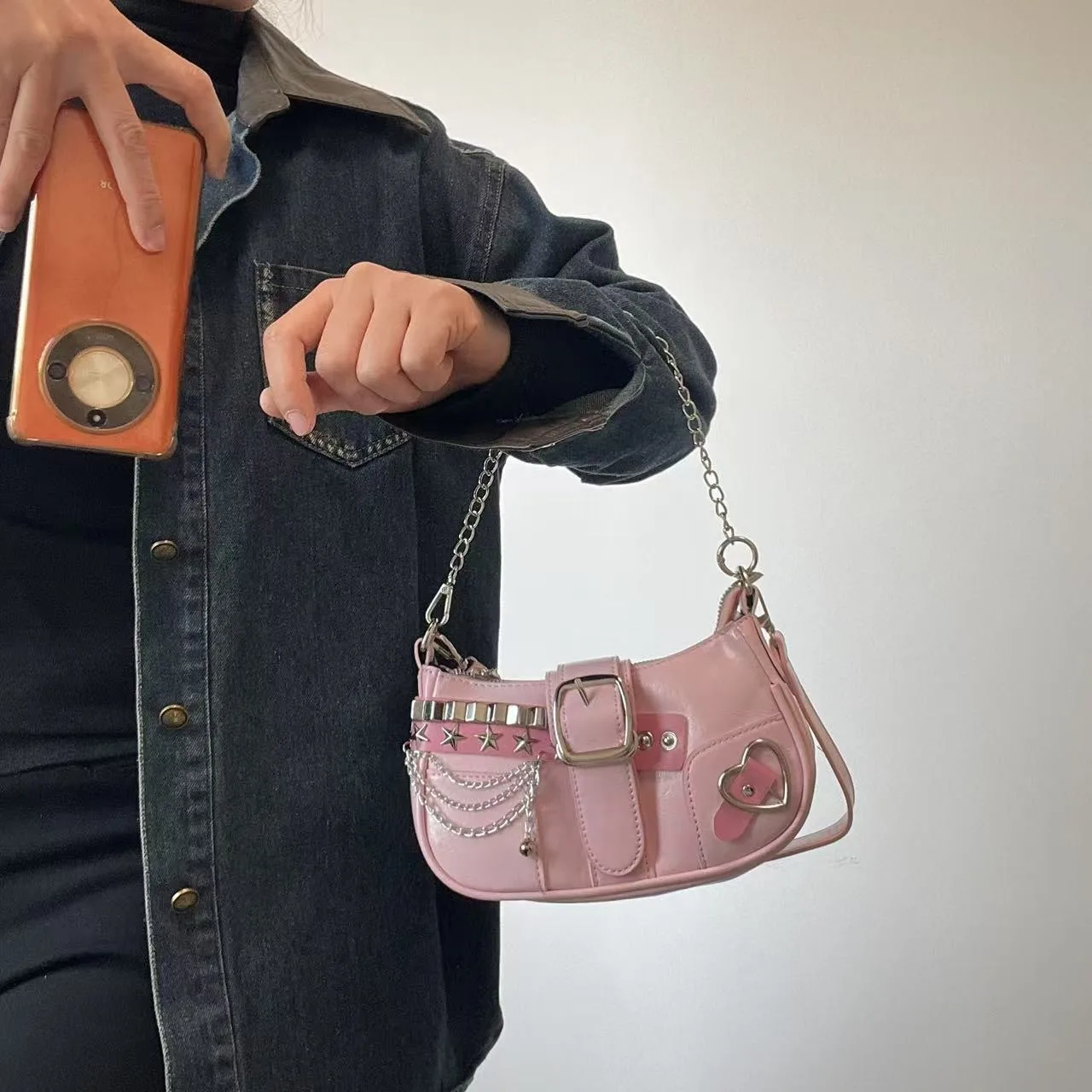 

Fashion Hot Girls Square Shoulder Bags Retro Rivet Star Women's Underarm Bag Sweet Pu Leather Female Chain Handbags Pink Purse