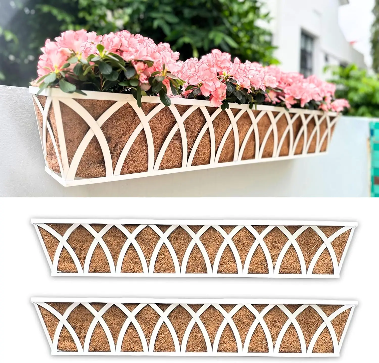 

White Metal Hanging Flower Boxes (36 Inch, 2 Pack) with Coco Liner for Outdoor Patio Garden Rail Fence