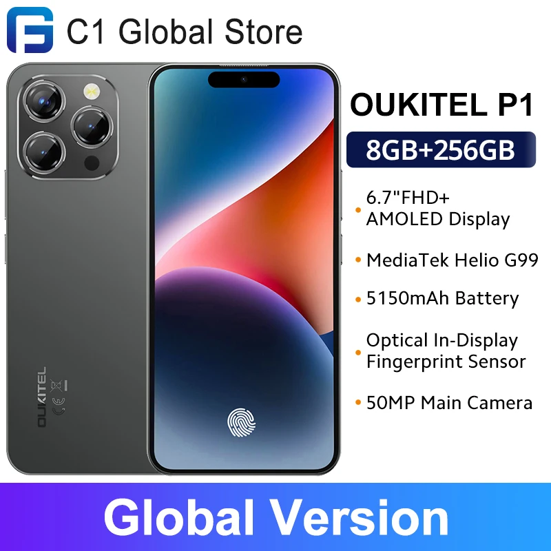 Global Version OUKITEL P1 Smartphone 6.7'' AMOLED Display 8GB RAM 256GB ROM MTK Helio G99 Octa Core 50MP Rear Camera 5150mAh NFC