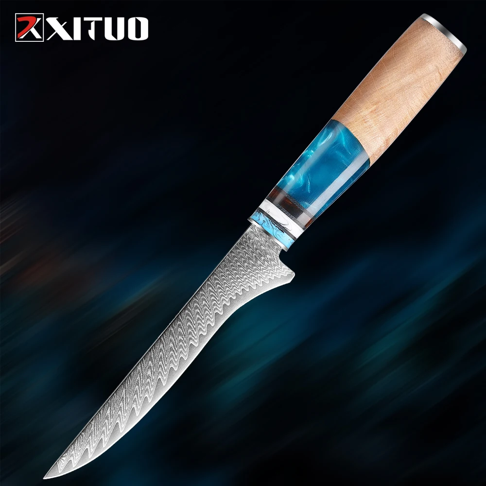 

67 layers Damascus Steel 6 Inch Boning Knife Blue Resin & Wooden Handle Skinning Knife Sharp Curved Flexible Blade Fillet Knife