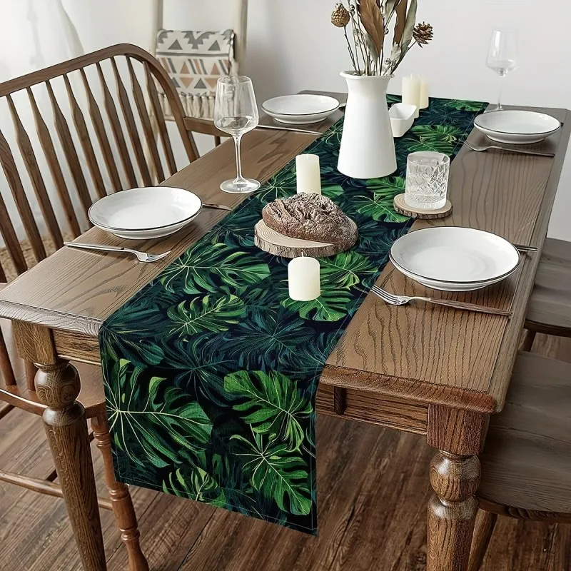 Magic Palm Leaf Printed Linen Tablecloth, Tropical Bohemian-Style Home Decoration Table Flag, Natural Style Interior Decoration