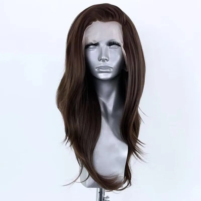 Synthetic Hair Dark Brown  Long Wavy Pre Plucked 13x4 Lace Front Wigs for Black Women Glueless Cosplay Daily Wear Fiber Wigs