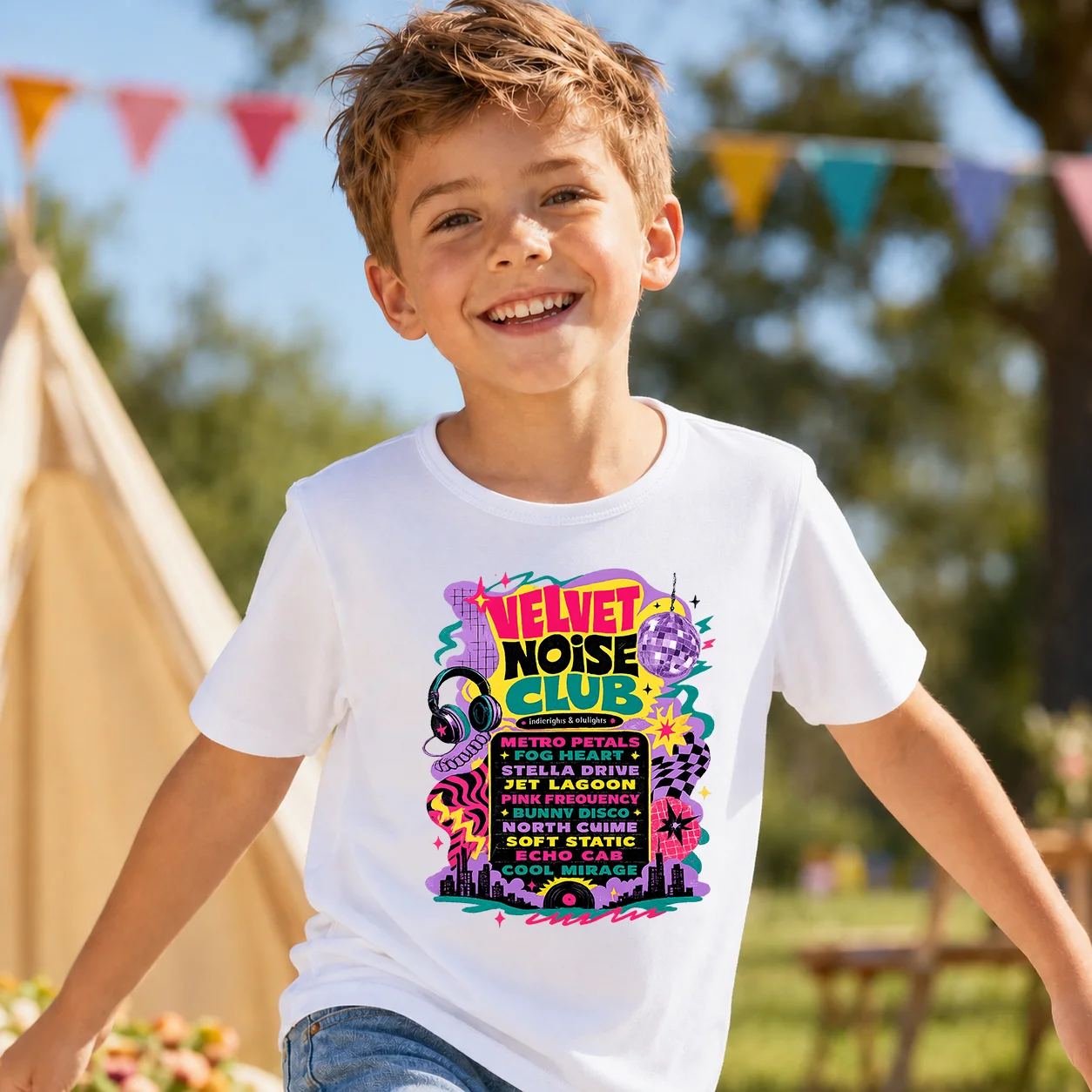 Summer Kids T-Shirt Velvet Noise Club Retro Disco Graphic Tee Boys Girls Cotton Short Sleeve Top Hip Hop Music Headphone Print C