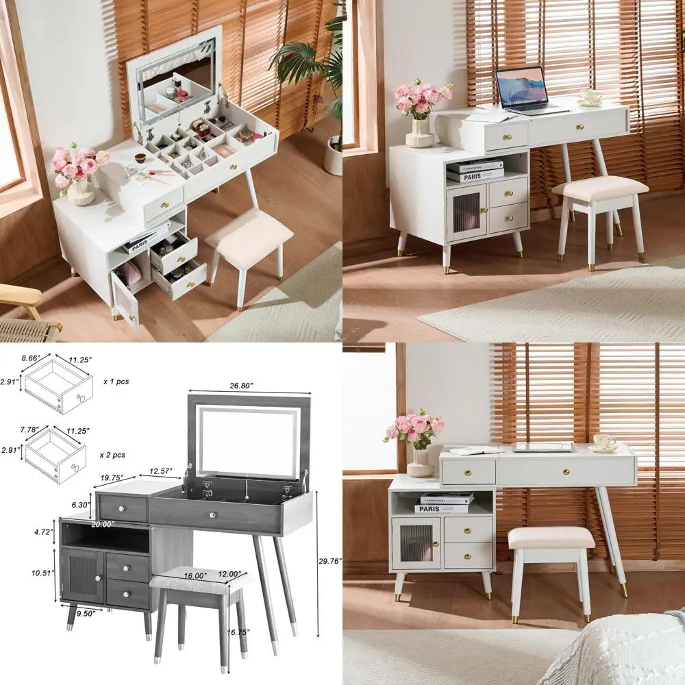 مكتب زينة بمرآة قابلة للطي مع خزانة قابلة للتعديل، وطاولة تزيين المكياج ومقعد، ومقبض ذهبي، وتصميم علوي للساق