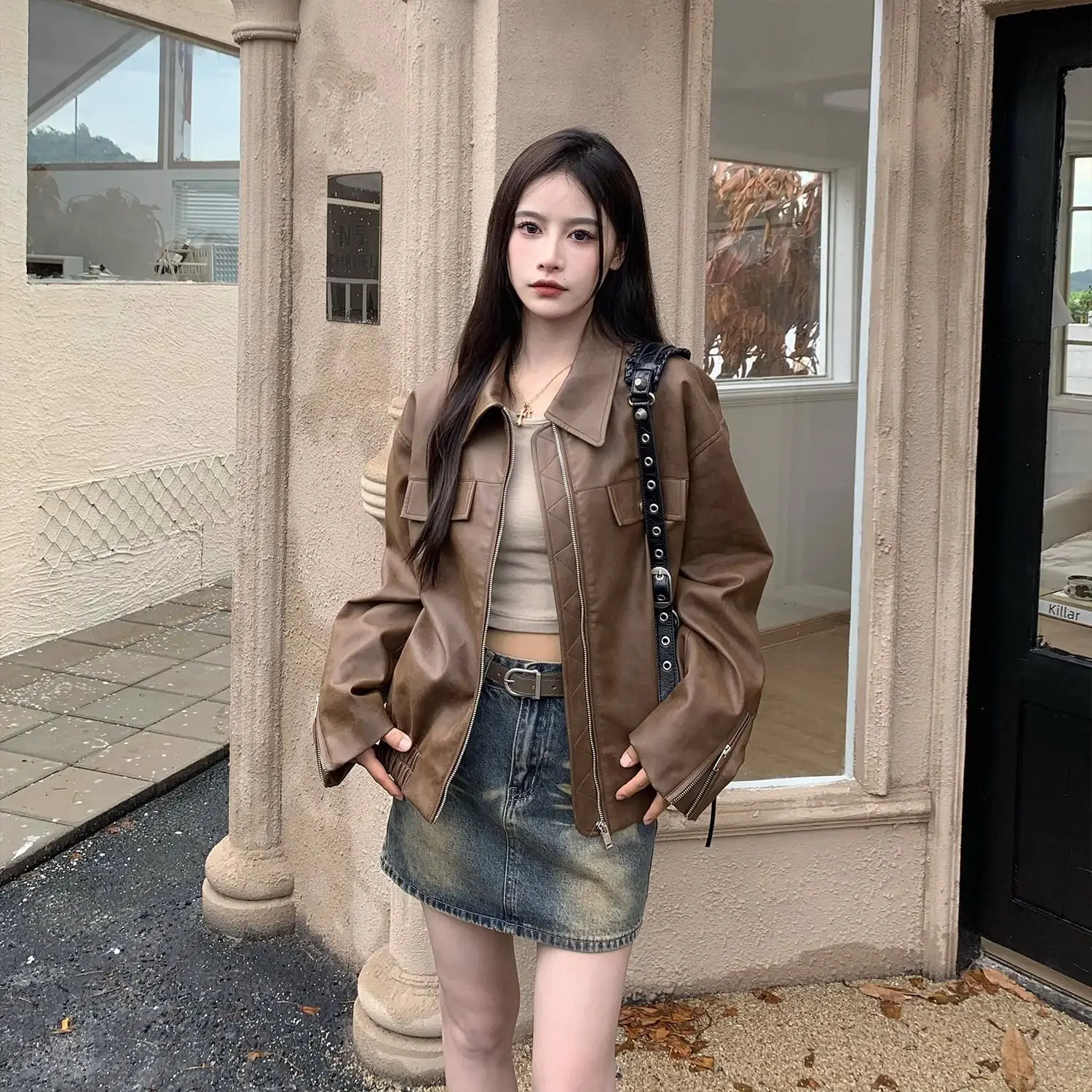 Women Leather Jacket Caot 2026 Spring Autumn New Women's Brown Leather Jacket Vintage Style Casual Outerwear