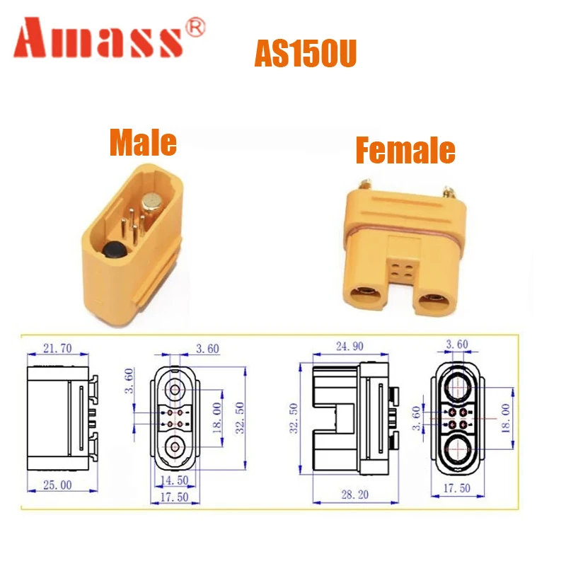 Origina Amass AS150U Plug Connector 2.0mm Banana Head 18AWG Anti-spark with Signal Pin Lithium Battery Waterproof Socket Parts