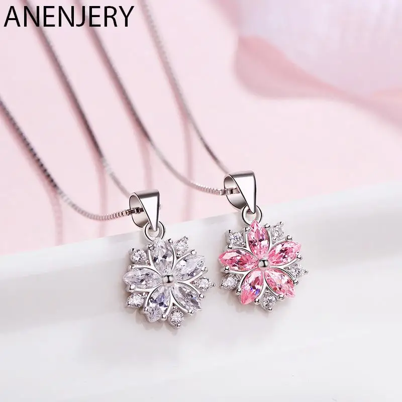 ANENJERY Silver Color Delicate Pink Clear Cubic Zircon Crystal Cherry Blossom Pendant Necklace For Christmas Gifts S-N223